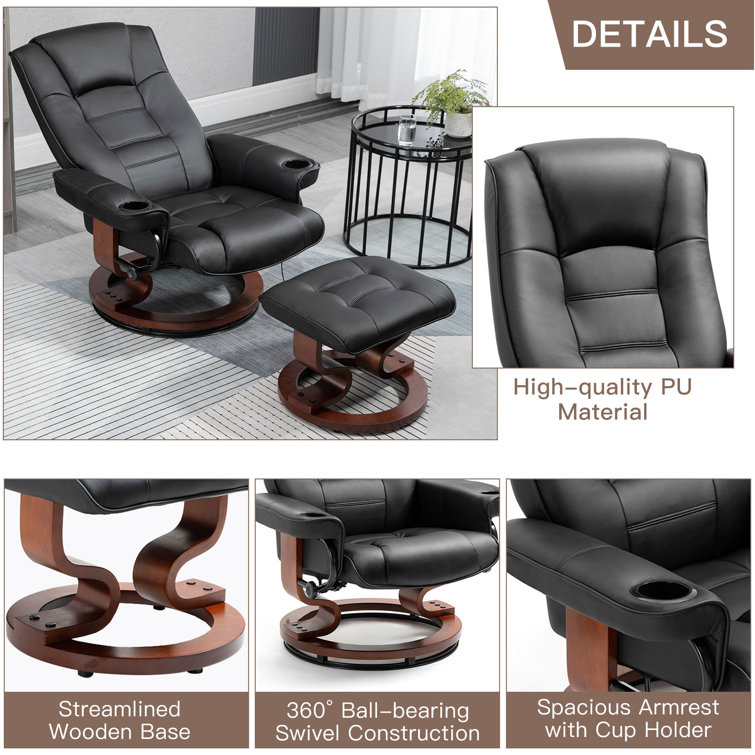 Vegan Leather Swivel Ergonomic Recliner Chair with Ottoman